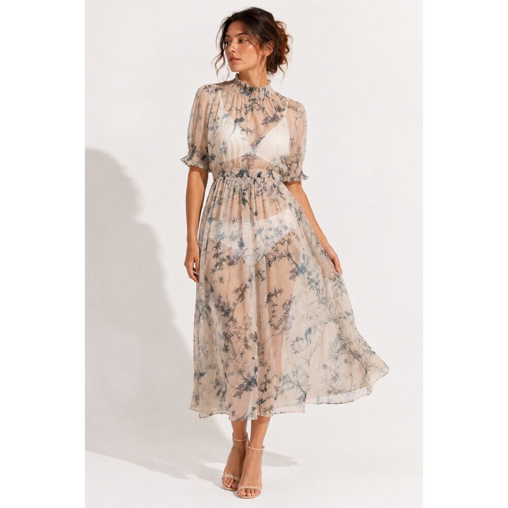 Stellah Sheer Chiffon Midi Dress Smocked Puff Sleeve Cream Blue Size S Cover Up